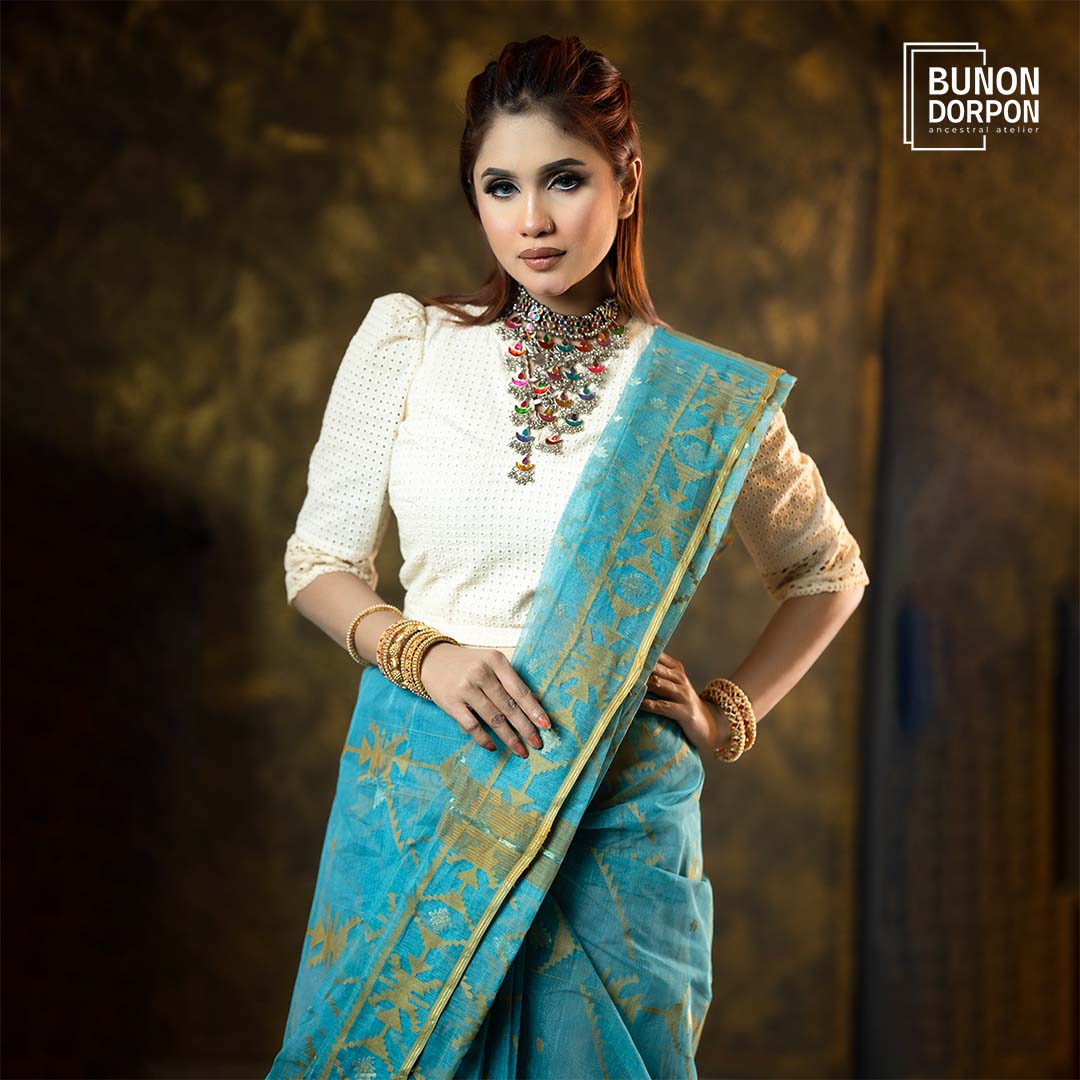 Cerulean Charm Heritage Jamdani Saree