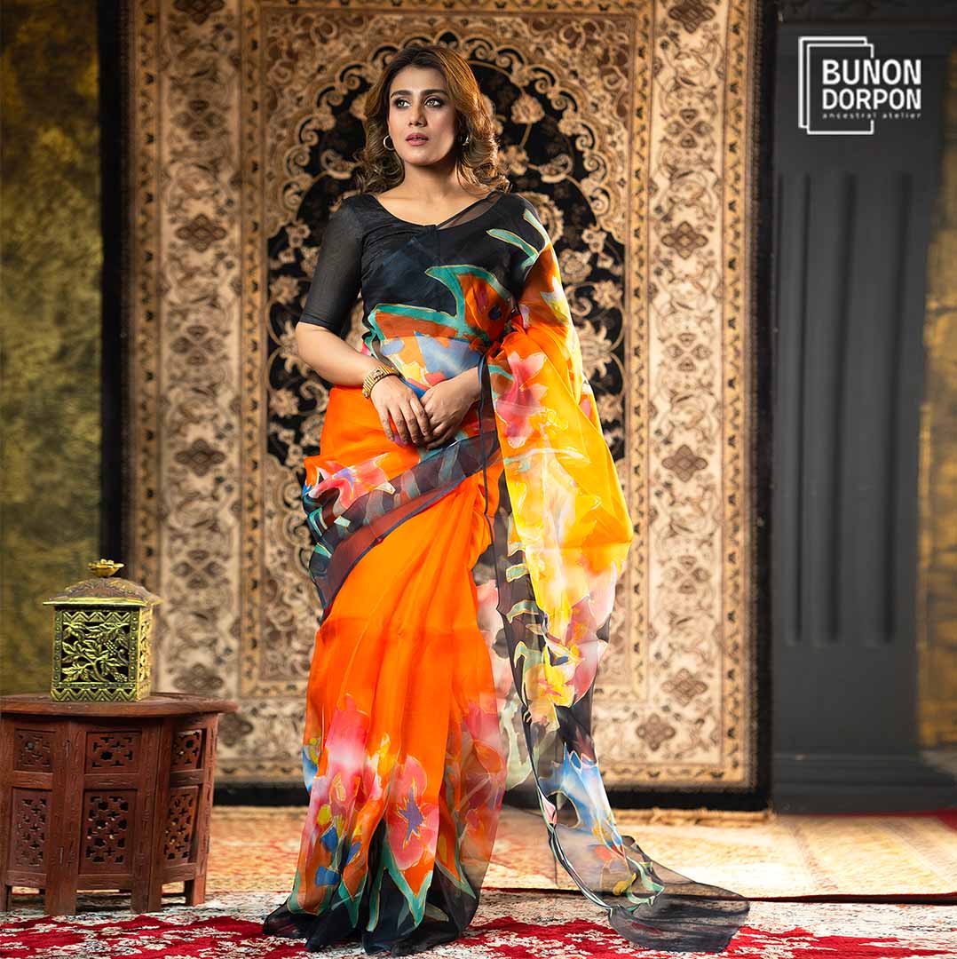 Grandiose Coral Majesty Hand Painted Silk Saree