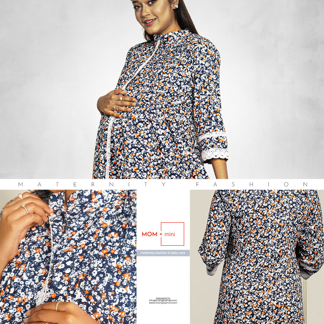 Shop Pregnancy Dress Printed Cotton Navy Blue Floral Designer Edition  Maternity Kurta