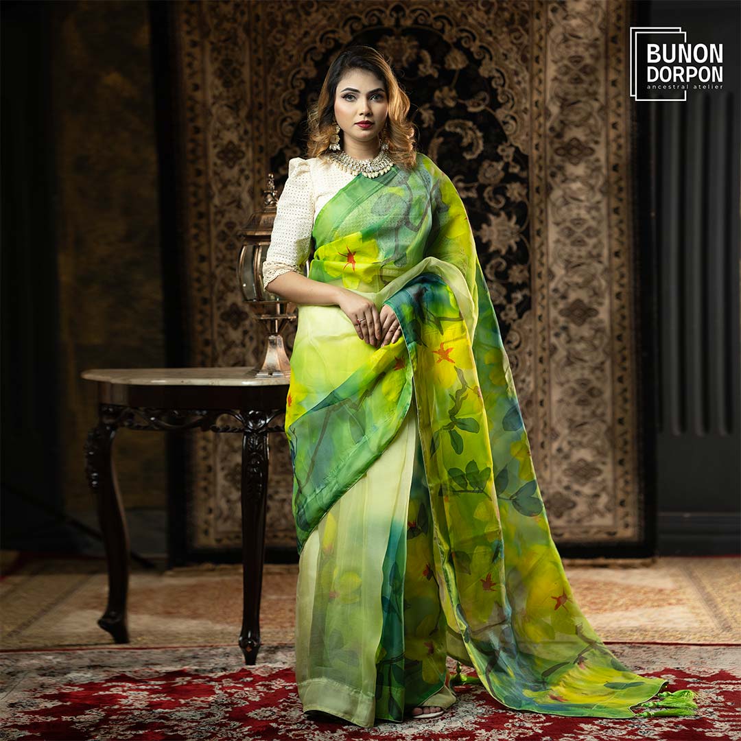 Verdant Vineyard Regal Hand Painted Silk Saree