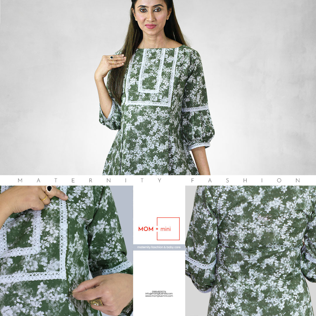 Pregnancy Dress Printed Cotton Olive Green Premium Maternity Kurta