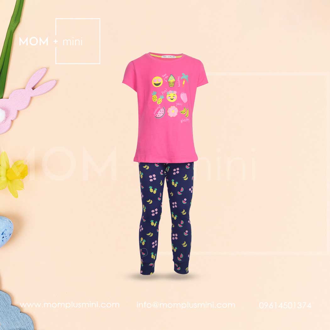 Girls T-shirt Set with Leggings Emoji Dark Pink & Navy Blue