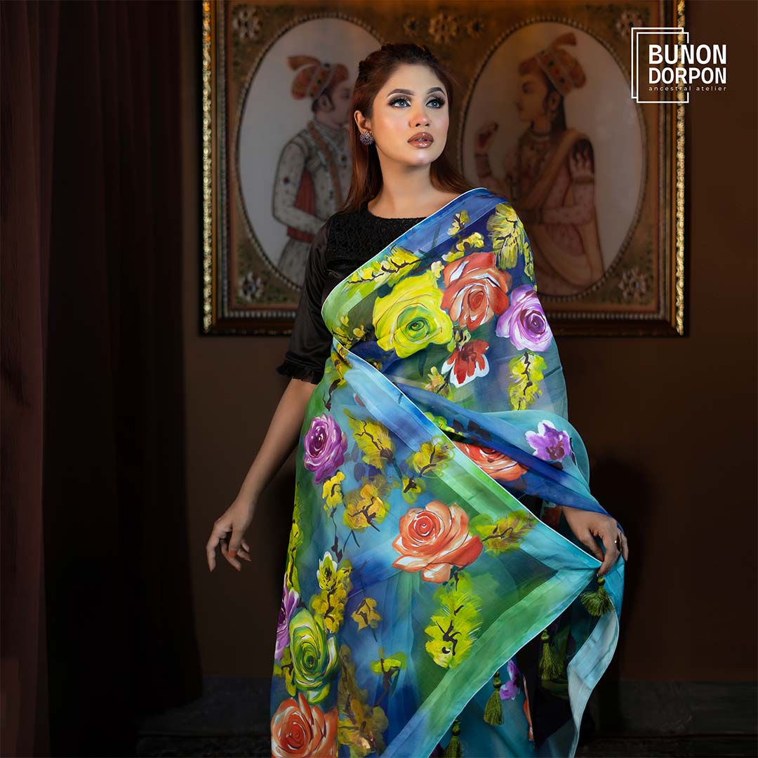 Ethereal Sky Canvas Hand Painted Silk Saree