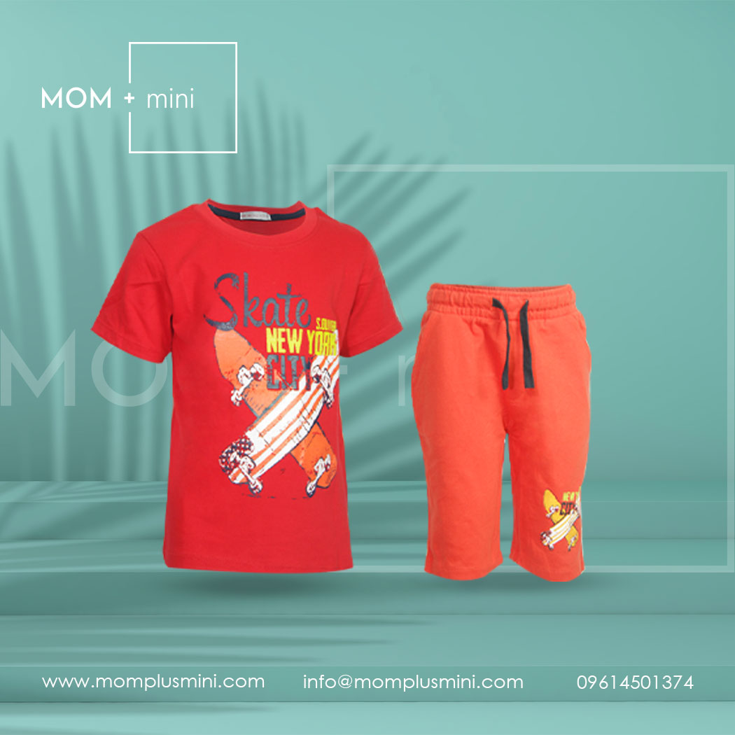 Baby Boys T-Shirt with Half Pant Red and Orange Skateboard