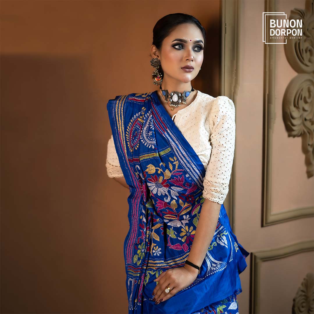 Majestic Marine Hand-Embellished Silk Saree