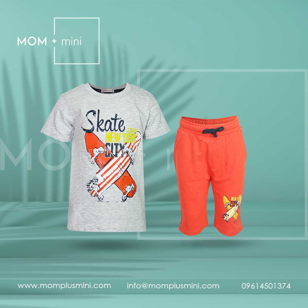 Baby Boys T-Shirt with Half Pant Gray and Orange Skateboard