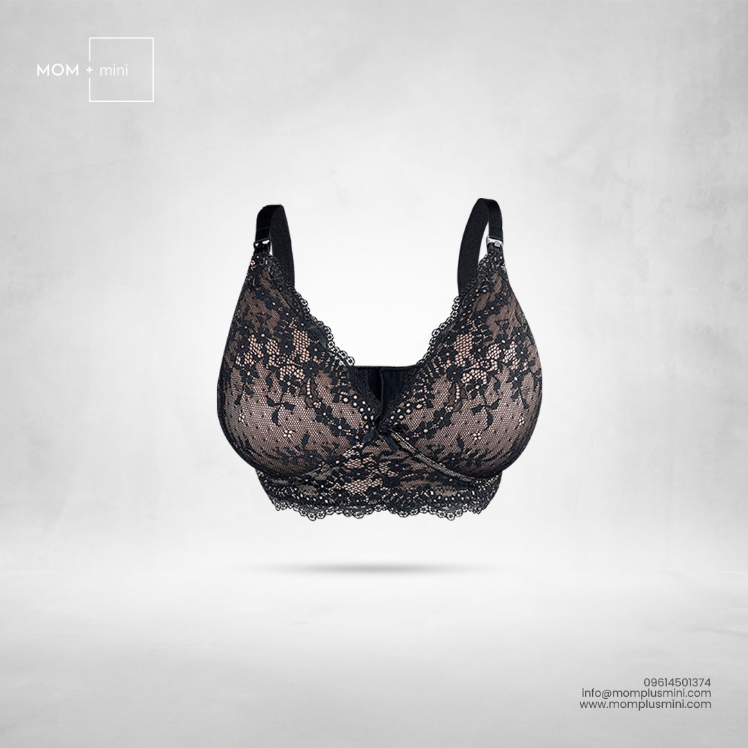 Reverie Pink Full Black Lace Nursing Bra padded