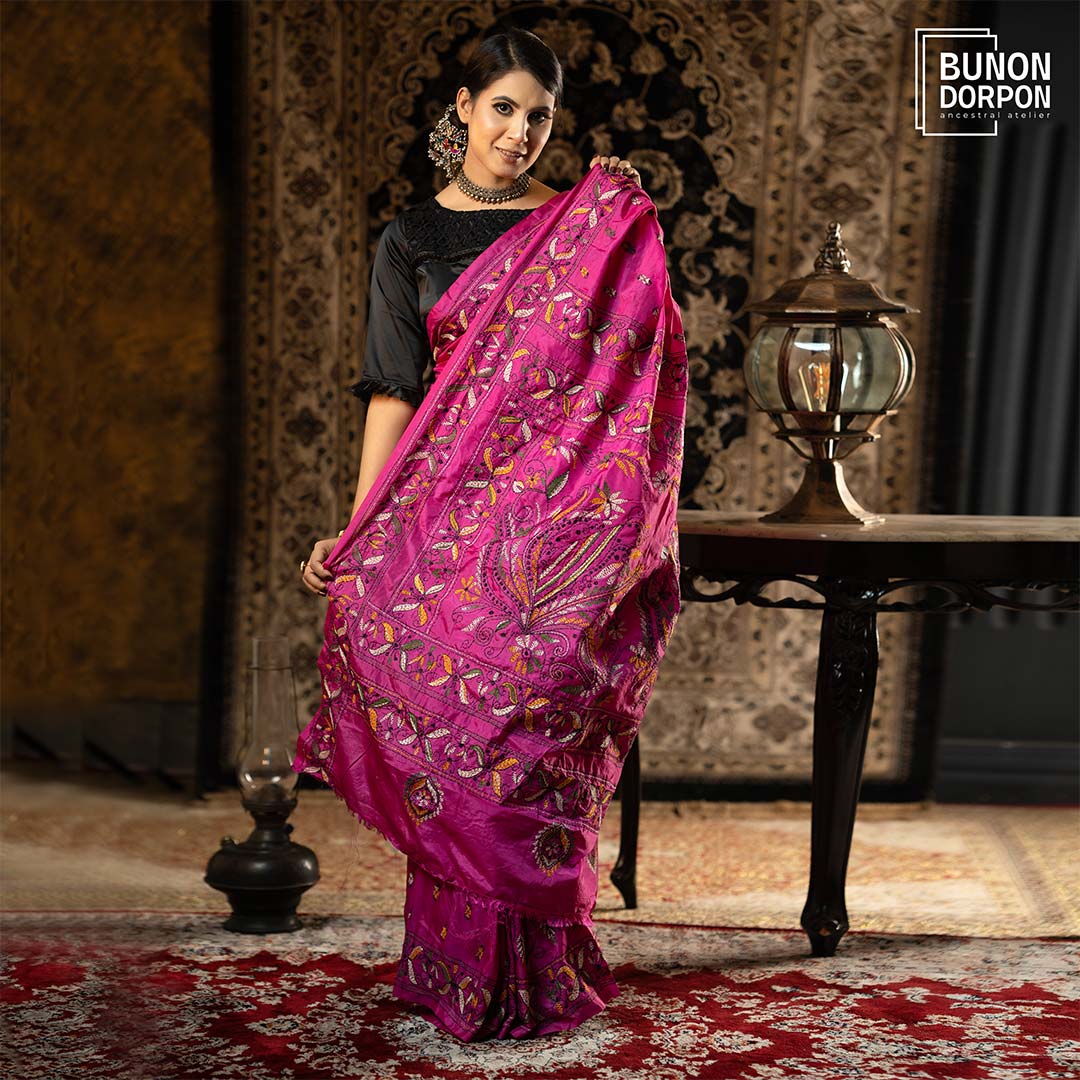 Aristocratic Magenta Hand-Embellished Silk Saree